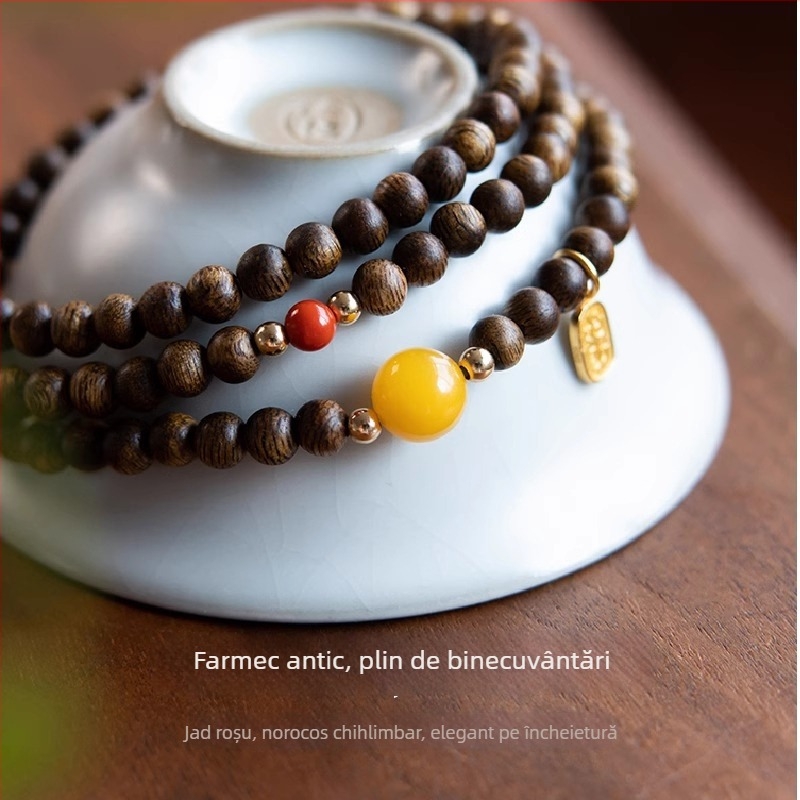 Bratara din Agarwood cu înfășurare multiplă, mărgele din ceară de albine, lustruită, unisex, stil chinezesc