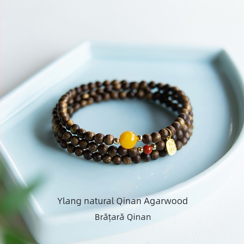 Bratara din Agarwood cu înfășurare multiplă, mărgele din ceară de albine, lustruită, unisex, stil chinezesc