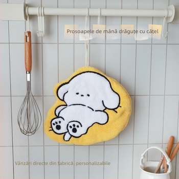 Prosop de mână brodat cu cățeluș drăguț pentru copii, de agățat, fără scame, super-absorbant, pentru bucătărie/ștergerea mâinilor (Coral Velvet, 120D, 200g+)