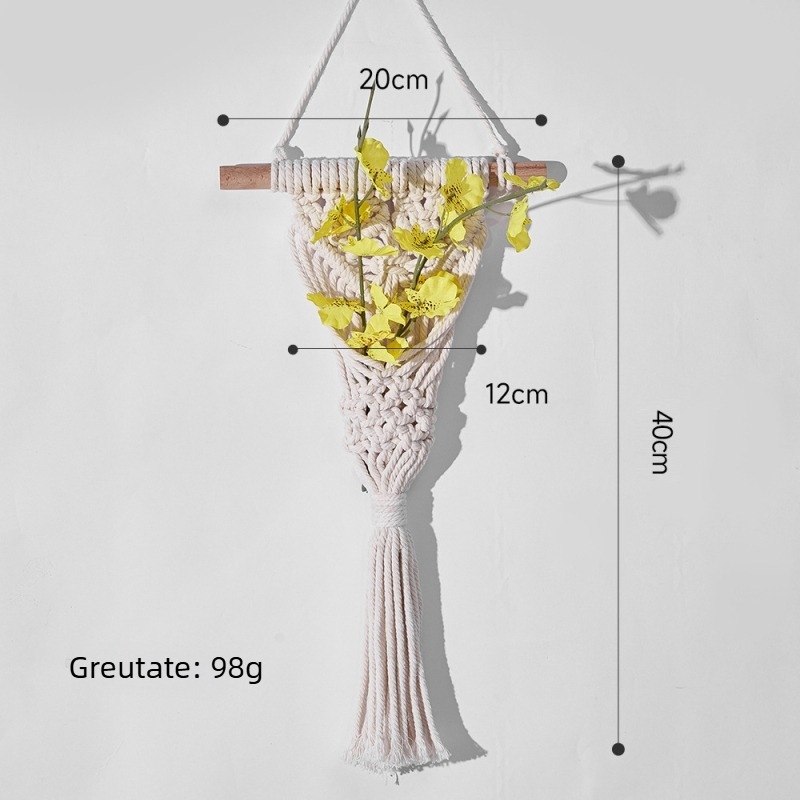 Tapiserie Nordică, țesut manual cu flori uscate — decor de perete din sfoară de bumbac