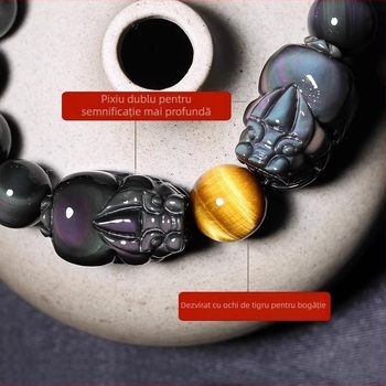 Brățară din obsidian lustruit cu Pixiu dublu, mărgele Buddha, unisex