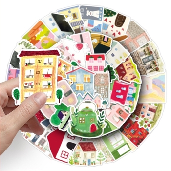 Shiqin set de 50 autocolante cu case pictate manual – stil drăguț, decor cu desene animate, lipire ușoară, imprimare offset