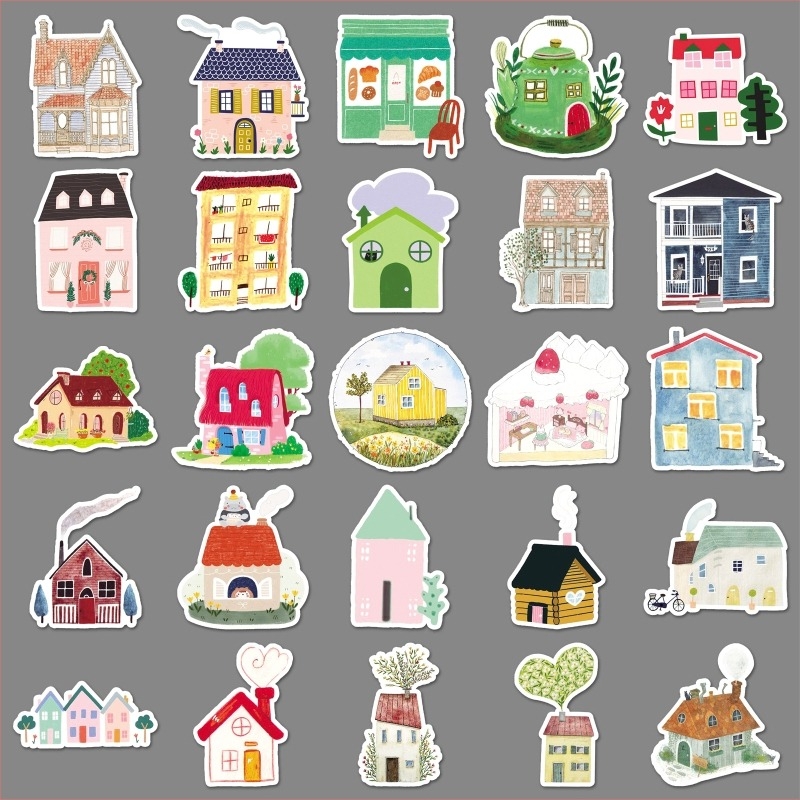 Shiqin set de 50 autocolante cu case pictate manual – stil drăguț, decor cu desene animate, lipire ușoară, imprimare offset