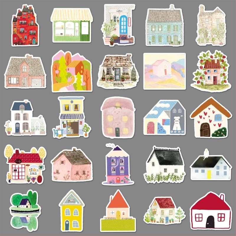 Shiqin set de 50 autocolante cu case pictate manual – stil drăguț, decor cu desene animate, lipire ușoară, imprimare offset