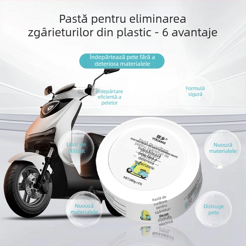 Pastă de curățare multifuncțională pentru vehicule electrice și motociclete; elimină zgârieturile și restaurează suprafața din plastic. Brand: Yixiang; Țară de origine: Guangdong; Ambalare: 50 buc.; Efecte: decontaminare profundă și sigură.