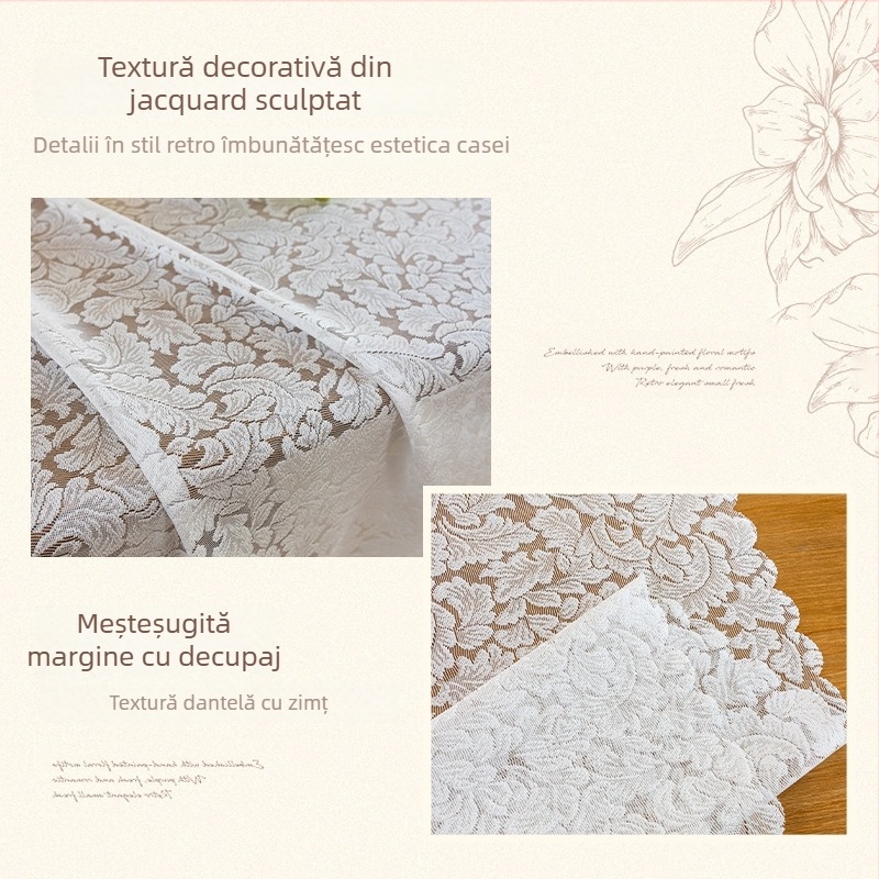 Față de masă, poliester, brodată, stil franțuzesc, dreptunghiulară, model plante și flori