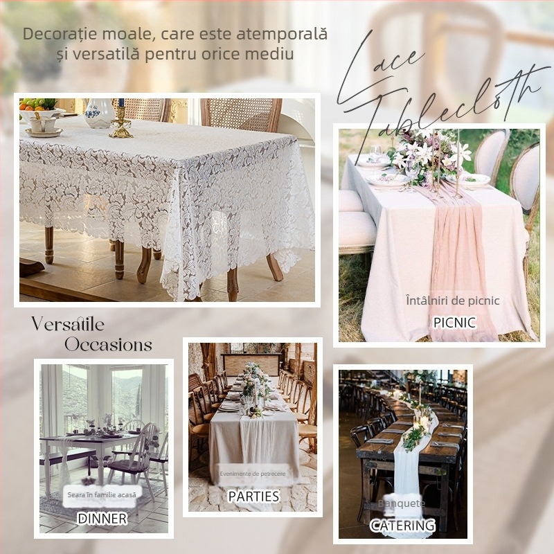 Față de masă din poliester, stil franțuzesc, model floral, broderie, dreptunghiulară