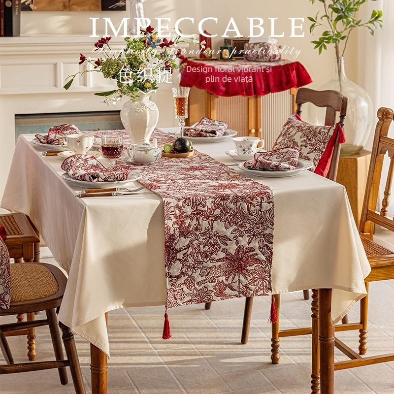 Steag de masă, (protecție împotriva prafului, dreptunghiular, bumbac și in, model floral)