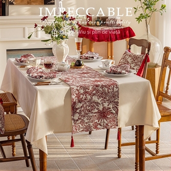 Steag de masă, dreptunghiular, din bumbac și in, model floral, protecție împotriva prafului