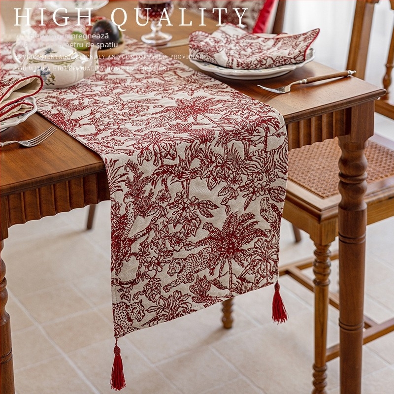 Steag de masă, dreptunghiular, din bumbac și in, model floral, protecție împotriva prafului