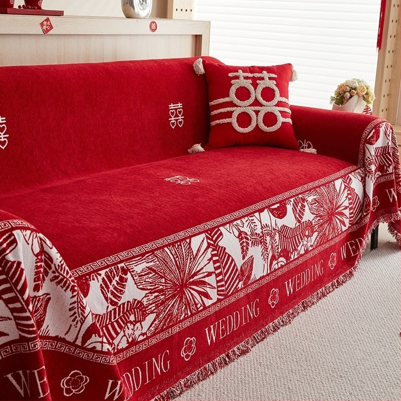 Husă de canapea Chenille pentru colțar, model inimă, stil de nuntă, protecție împotriva prafului