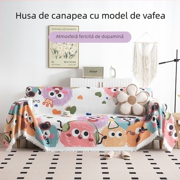 Husă de canapea din țesătură waffle, imprimeu desen animat, compatibilă cu canapelele modulare, stil drăguț, fără fermoar