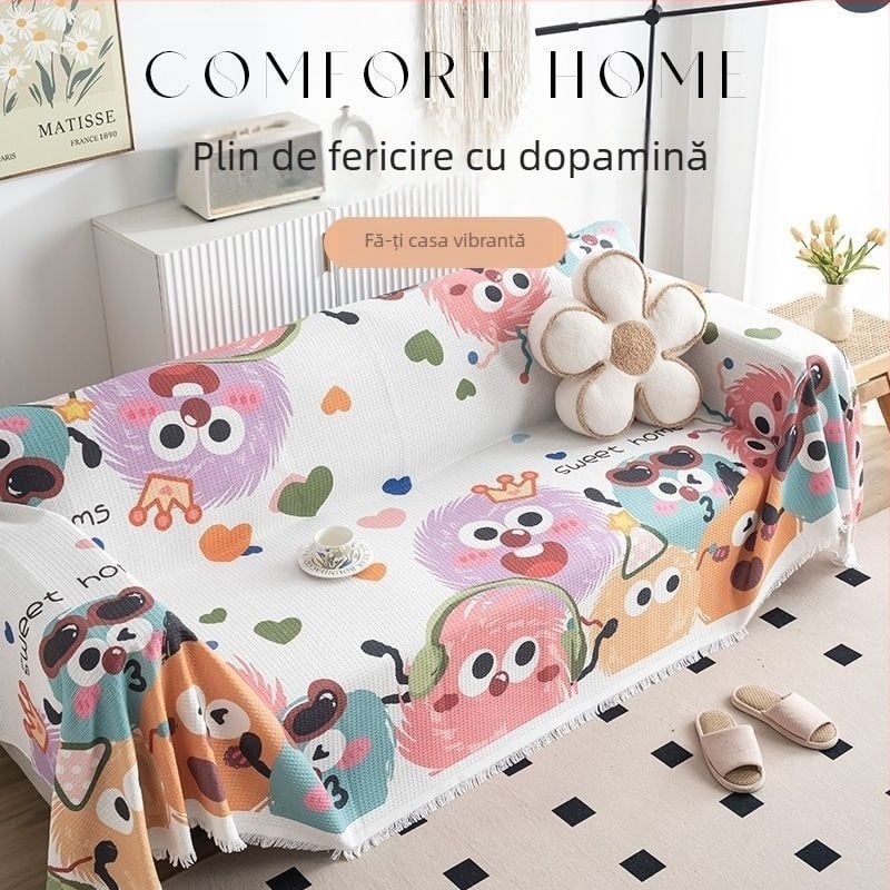 Husă de canapea din țesătură waffle, imprimeu desen animat, compatibilă cu canapelele modulare, stil drăguț, fără fermoar