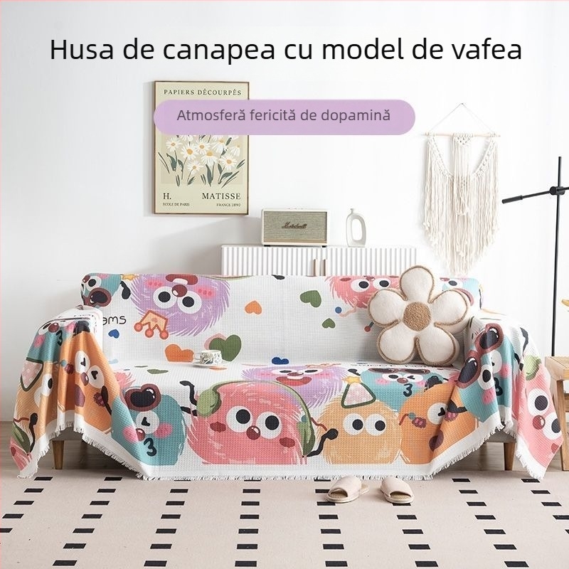 Husă de canapea din țesătură waffle, imprimeu desen animat, compatibilă cu canapelele modulare, stil drăguț, fără fermoar