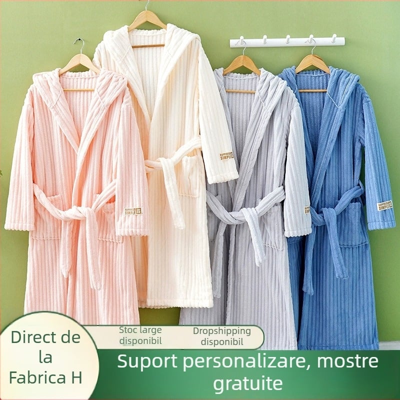 Halat de baie unisex pentru adulți, fleece coral (80% poliester, 725 g, potrivit pentru primăvară)