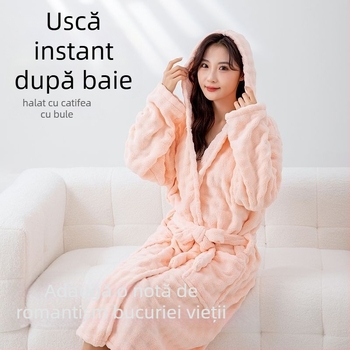 Halat de baie pentru femei – fleece coral, material din amestec de bumbac, principalul material: blană de iepure