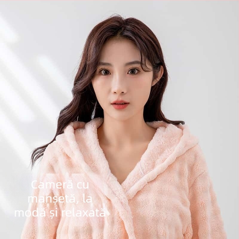 Halat de baie pentru femei – fleece coral, material din amestec de bumbac, principalul material: blană de iepure