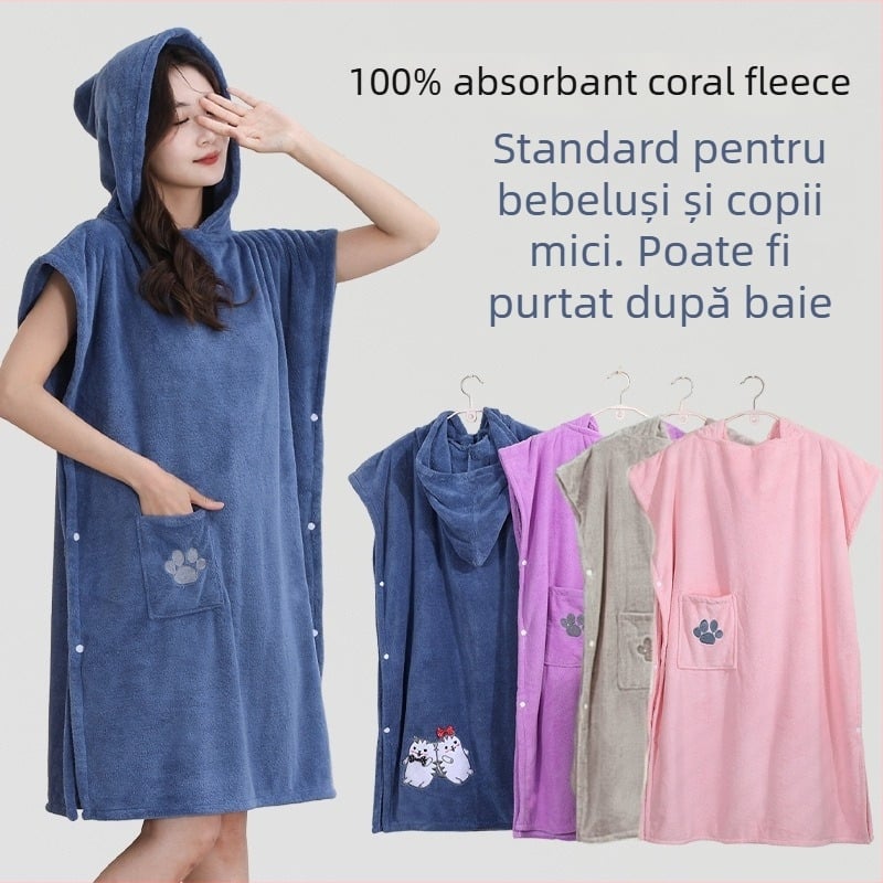 Prosop de baie cu glugă din fleece coral, uscare rapidă, 460 g, 85% poliester, pentru copii, iarnă, unisex