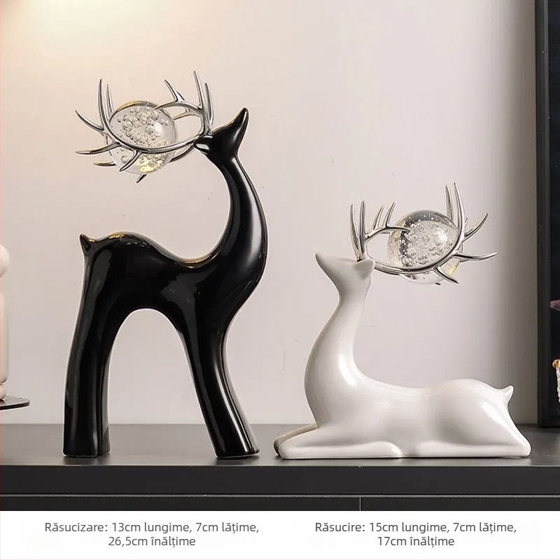 Ornament ceramic cu o căprioară în bilă de cristal, decor modern minimalist pentru living și hol