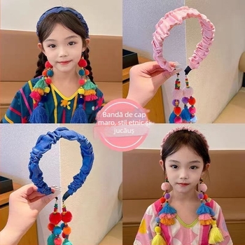 Accesorii pentru păr pentru copii - Bandă de păr vintage, cu pompon și ciucuri, material textil, cod sq1148, toamnă 2025