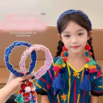 Accesorii pentru păr pentru copii - Bandă de păr vintage, cu pompon și ciucuri, material textil, cod sq1148, toamnă 2025