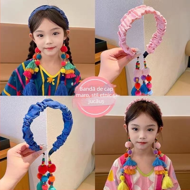 Accesorii pentru păr pentru copii - Bandă de păr vintage, cu pompon și ciucuri, material textil, cod sq1148, toamnă 2025