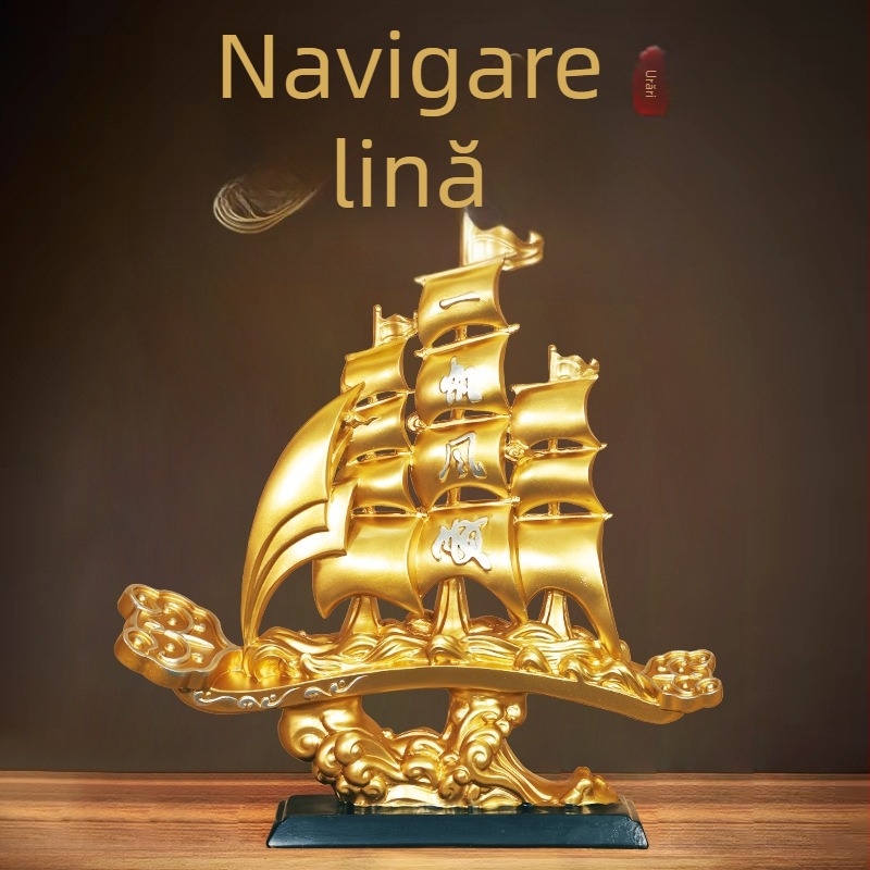 Ornament barcă în stil chinezesc nou, din rășină; pentru living și hol — cadou de casă nouă pentru colegi, prieteni și persoane în vârstă