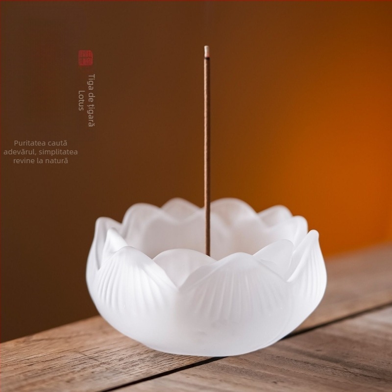 Suport din sticlă pentru bețișe de tămâie cu lotus – utilizare în interior, stil nou chinezesc, confecționat cu adeziv, cadou de afaceri