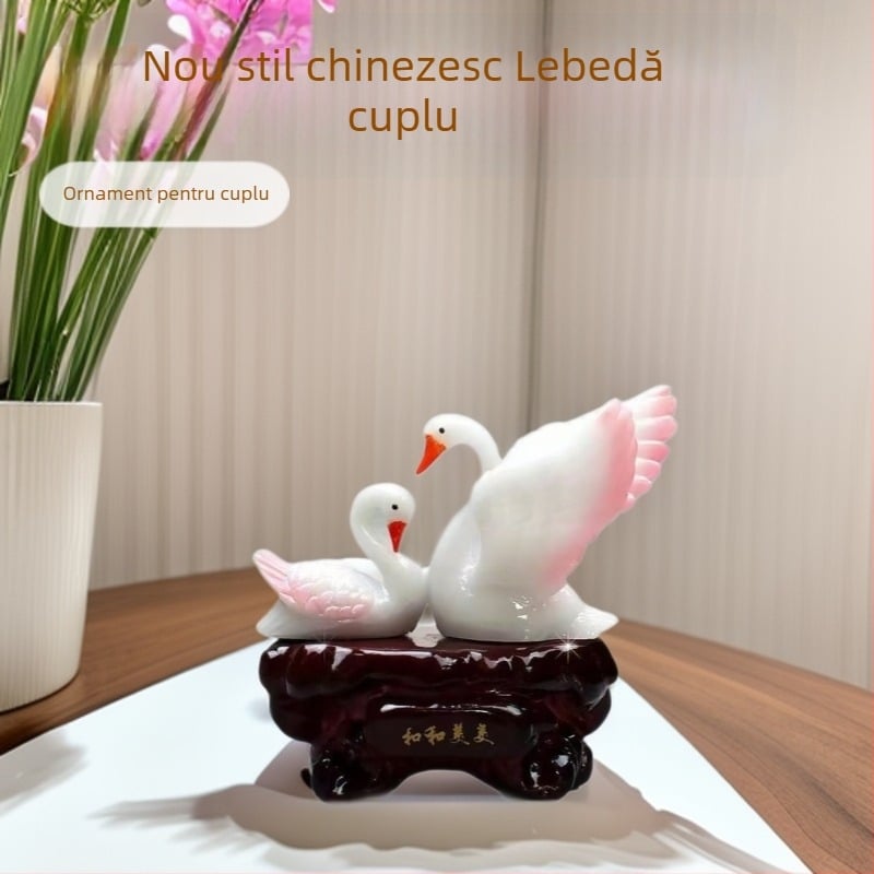 Cuplu lebede, stil chinezesc nou, figurină decorativă din rășină - lucrată manual, pictată manual