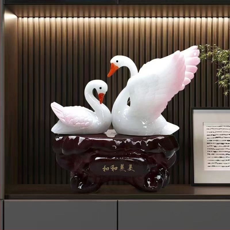 Cuplu lebede, stil chinezesc nou, figurină decorativă din rășină - lucrată manual, pictată manual