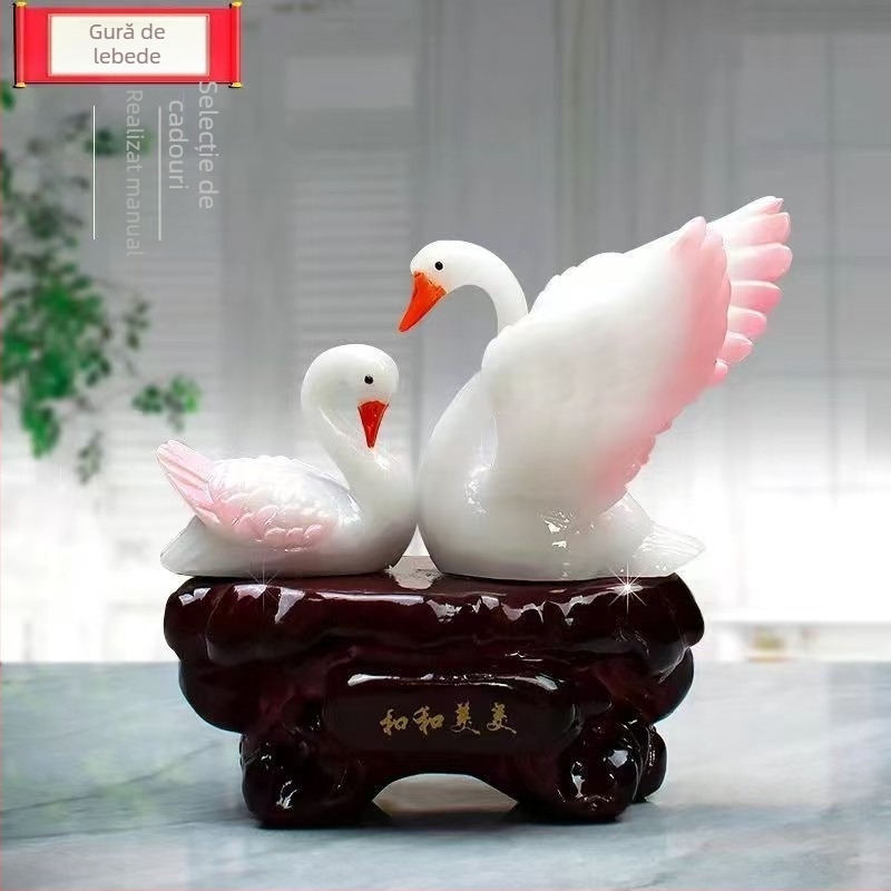 Cuplu lebede, stil chinezesc nou, figurină decorativă din rășină - lucrată manual, pictată manual