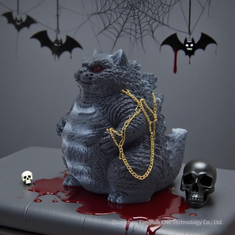 Sculptură de grădină din rășină: Godzilla cu cap de pisică, monstru de Halloween, stil artă modernă