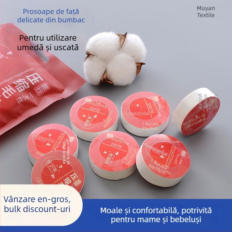 Prosop de față de unică folosință, comprimat, pentru călătorii, igienic și blând cu pielea, îngroșat și absorbant, din material nețesut.