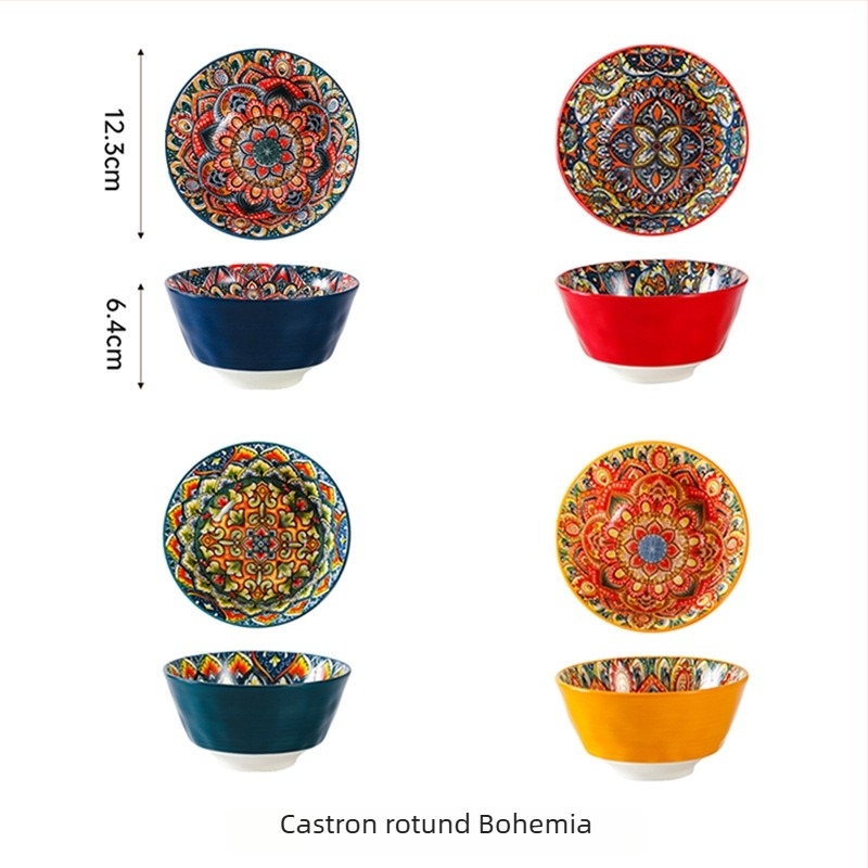 Bol de porțelan Boem cu model floral sub glazură, compatibil cu microunde, formă rotundă