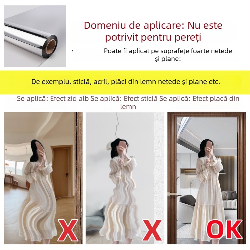 Film oglindă din PET autocolant pentru dormitor – 1 bucată, stil simplu, decorare