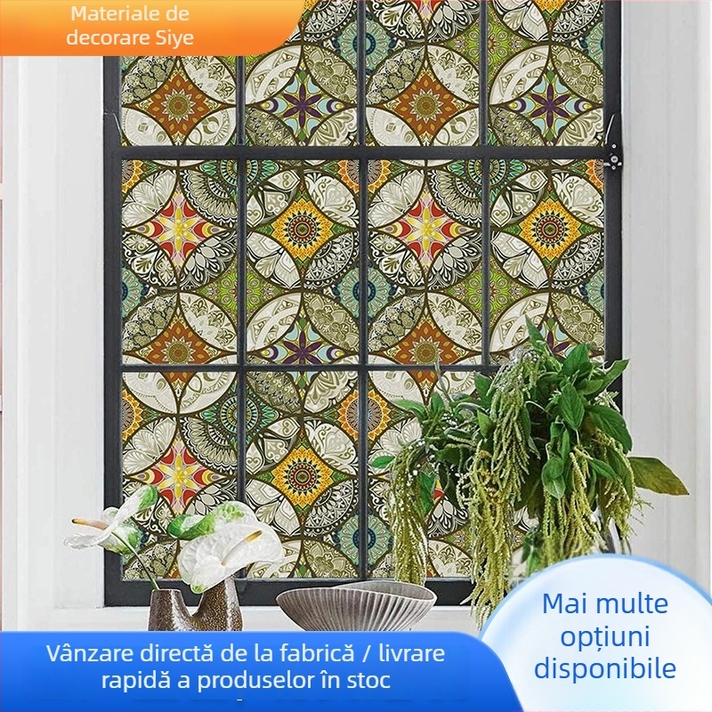 Film mat pentru sticlă, intimitate - PVC, adeziv electrostatic, model circular, stil modern minimalist, pentru baie