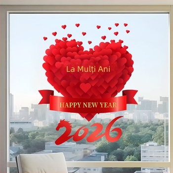 Sticker pentru ușă de sticlă pentru decor de Anul Nou 2026, Anul Calului, motiv inimă, PVC material, adeziv electrostatic, model festiv, stil modern minimalist; potrivit pentru living, dormitor, birou, intrare.