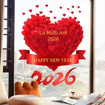 Sticker pentru ușă de sticlă pentru decor de Anul Nou 2026, Anul Calului, motiv inimă, PVC material, adeziv electrostatic, model festiv, stil modern minimalist; potrivit pentru living, dormitor, birou, intrare.