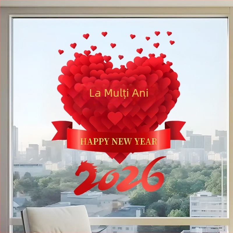 Sticker pentru ușă de sticlă pentru decor de Anul Nou 2026, Anul Calului, motiv inimă, PVC material, adeziv electrostatic, model festiv, stil modern minimalist; potrivit pentru living, dormitor, birou, intrare.