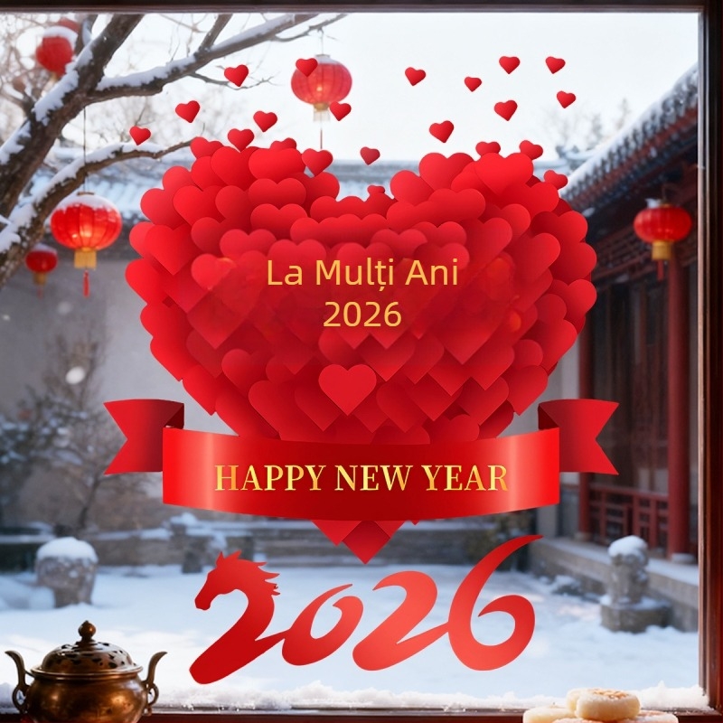 Sticker pentru ușă de sticlă pentru decor de Anul Nou 2026, Anul Calului, motiv inimă, PVC material, adeziv electrostatic, model festiv, stil modern minimalist; potrivit pentru living, dormitor, birou, intrare.