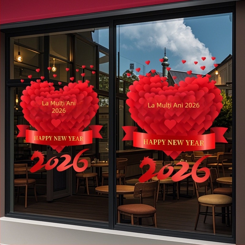 Sticker pentru ușă de sticlă pentru decor de Anul Nou 2026, Anul Calului, motiv inimă, PVC material, adeziv electrostatic, model festiv, stil modern minimalist; potrivit pentru living, dormitor, birou, intrare.