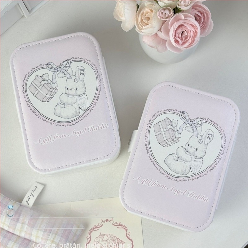 Cutie pentru bijuterii - piele, design drăguț cu iepuraș, model anime, textură moale