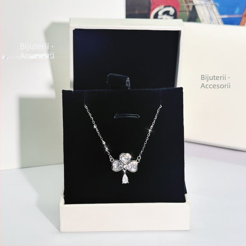 Colier din argint 925 cu pandantiv inimă-trifoi în formă de picătură de apă, lanț O, 41–50 cm