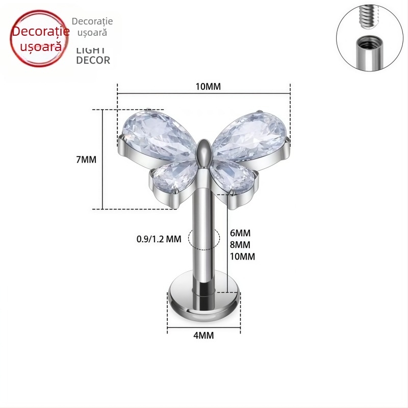 Cercei din aliaj de titan, formă de picătură de apă cu aripioară de fluture, cristale zircon, stil unisex