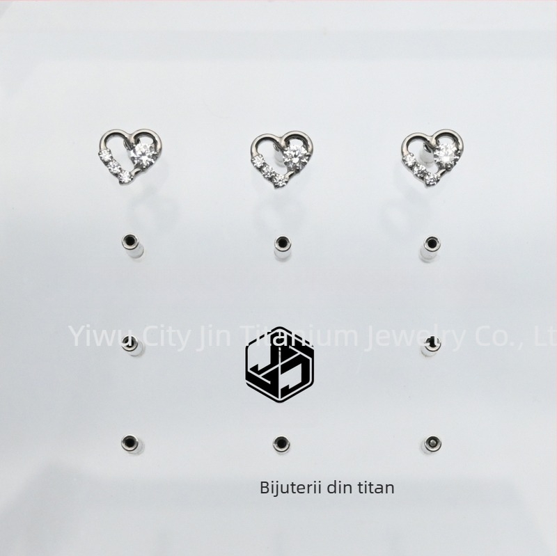 Cercei pentru buze cu stud, inimă în formă de inimă, zirconiu, micro-setare, aliaj de titan ASTM F-136, stil unisex coreean