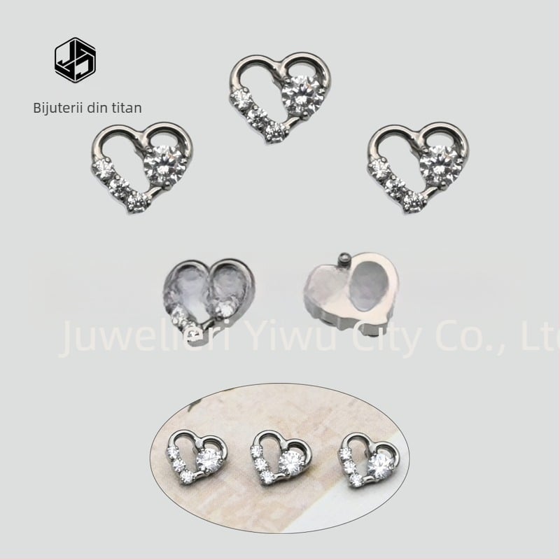 Cercei pentru buze cu stud, inimă în formă de inimă, zirconiu, micro-setare, aliaj de titan ASTM F-136, stil unisex coreean