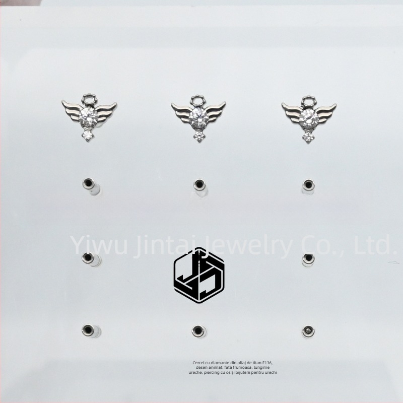Cercei din aliaj de titan de grad implant cu aripi de înger și diamante, stil desen animat, unisex