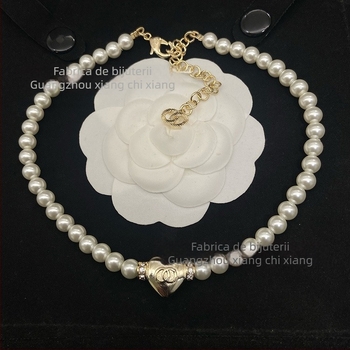 Set colier și brățară cu lanț perlă — alamă, finisaj diamant, model: Iubire / Picături de apă / clopot