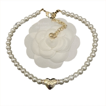 Set colier și brățară cu lanț perlă — alamă, finisaj diamant, model: Iubire / Picături de apă / clopot