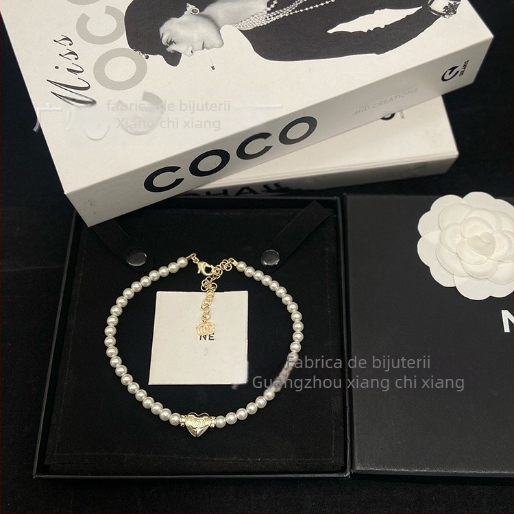 Set colier și brățară cu lanț perlă — alamă, finisaj diamant, model: Iubire / Picături de apă / clopot